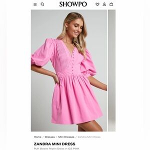 SHOWPO Zandra Mini Dress Puff Sleeve Poplin Dress ICE PINK Spring Cute Preppy